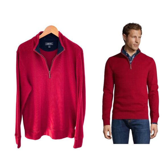 Lands’ End Shirt Men Large 42-44 Red Quarter Zip Sweater Bedford Rib 447688 GW - Picture 1 of 12